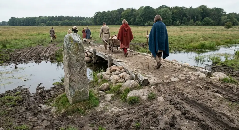 En ubehugget granitsten står ved en brolagt overgang over et vådt vandløb, mens folk med kærre og stave passerer