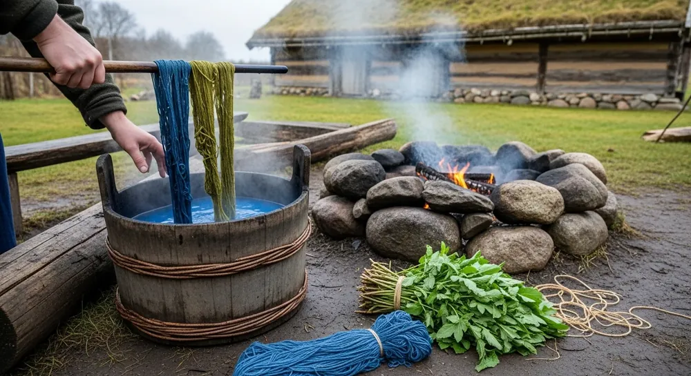 Garn løftes dryppende op af et farvekar på en stang og skifter fra gulgrønt til blåt