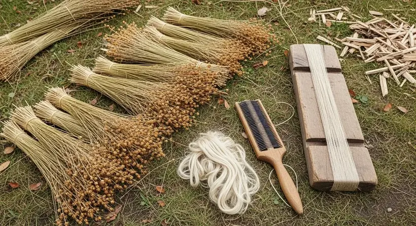 Bundter af rødnet hør ved siden af en hegle med jerntænder og en dynge kæmmede fibre