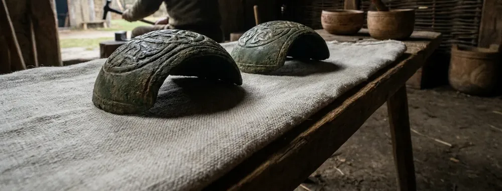 To bronzespænder set fra siden, hvælvede som halve æg, med skygge under buen