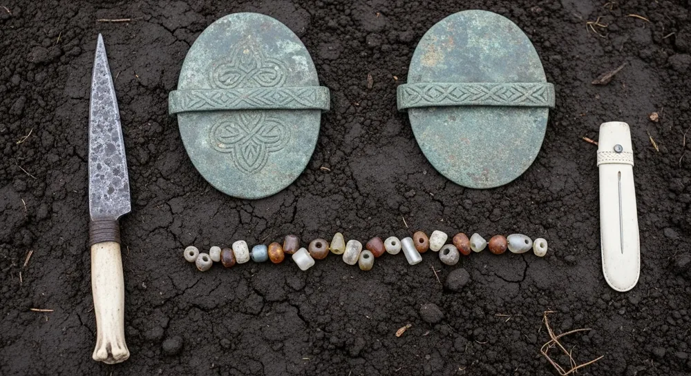 Gravgods lagt frem på mørk jord: to ovale bronzespænder, en perlerække imellem dem, en kniv med benskaft og et nålehus