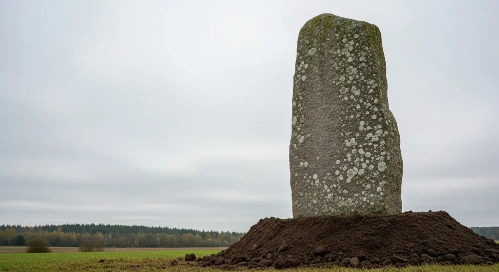 En høj, ubehugget granitsten netop rejst i et fladt landskab, med opkastet jord om foden