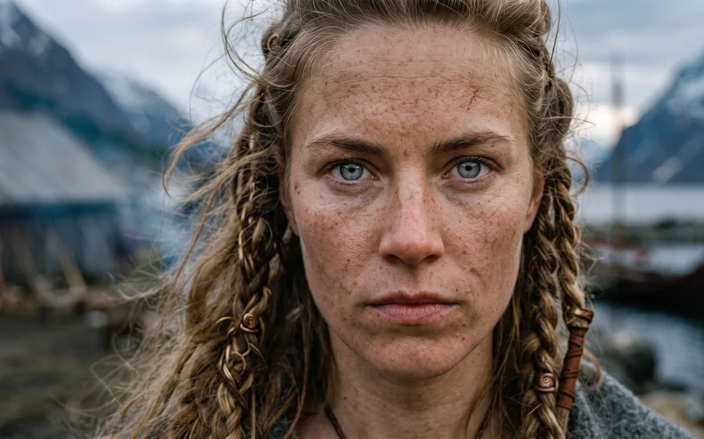 Nærbillede af en kvinde med vejrbidt ansigt og fletninger, med fjord, gårdbygning og et klinkbygget skib bag sig