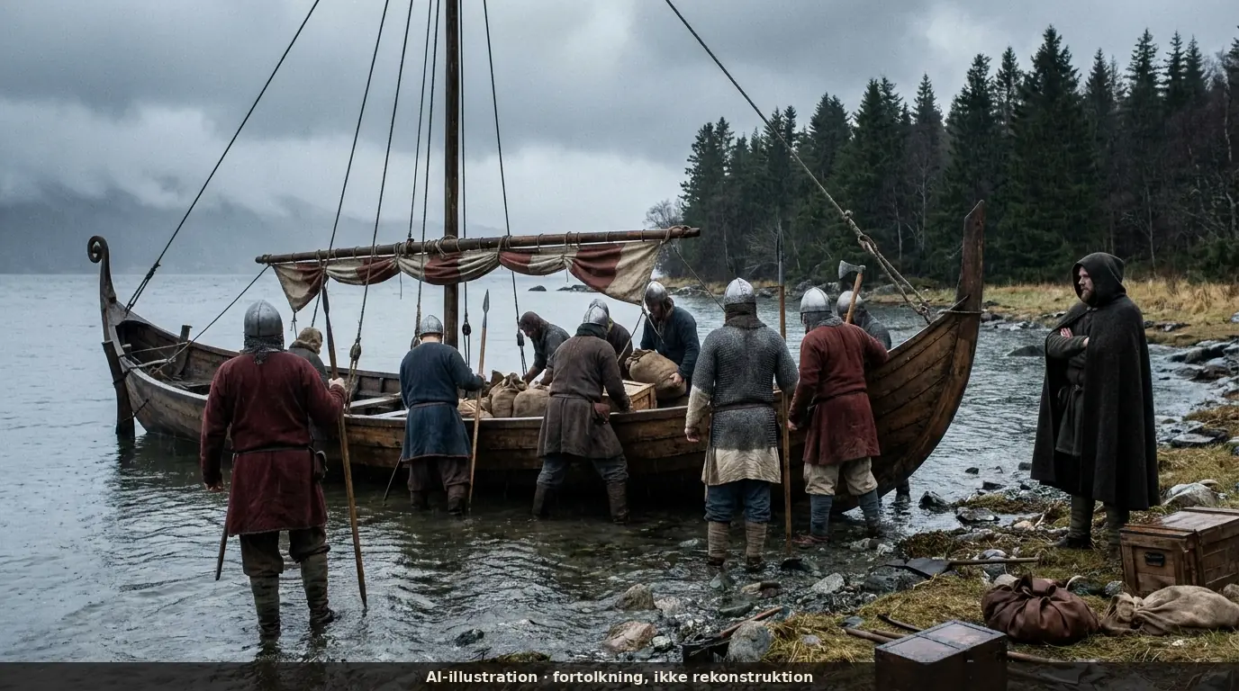 Væbnede mænd ransager et langskib ved en norsk kyst, sejlet ligger bundtet på dækket