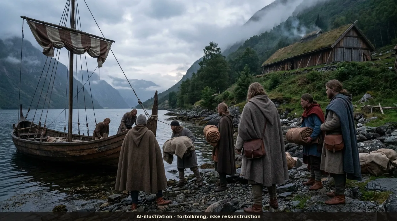 Handelsskib for anker i en norsk fjord ved aften, mænd bærer varer i land