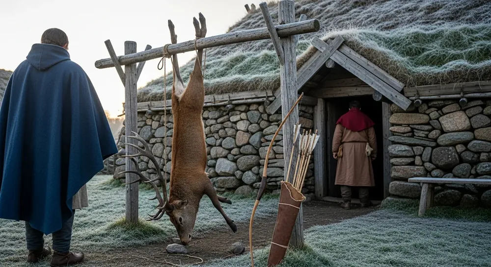 En hjort hænger i et reb fra et træstativ ved et langhus med tørvetag i frostvejr