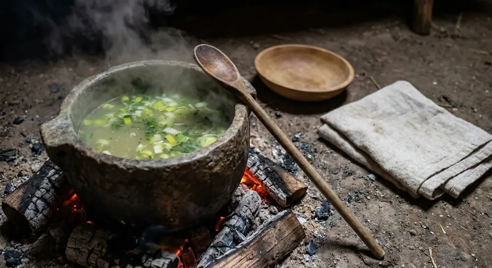 En gryde af fedtsten står i gløderne med en lysegrøn suppe af hakket porre og urter