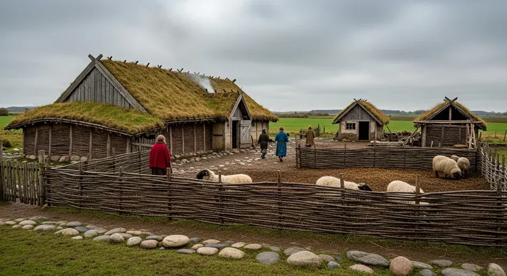 En gård med langhus, udhuse og fårefold i fladt dansk landskab under en grå himmel