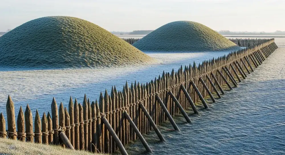 To store græsklædte gravhøje i rimfrost med en palisade af spidse egepæle løbende forbi dem