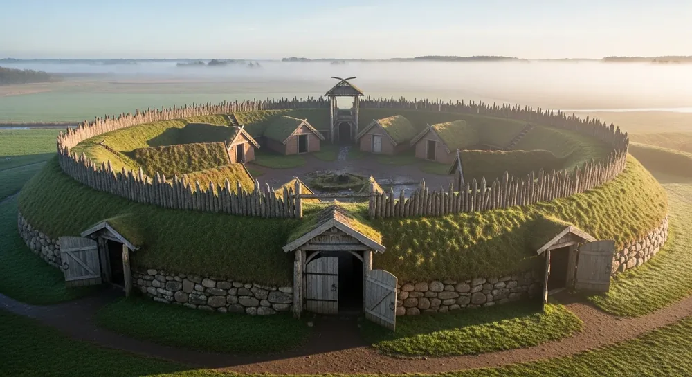 En cirkelrund vold med palisade set skråt fra oven, med fire portåbninger og huse indenfor